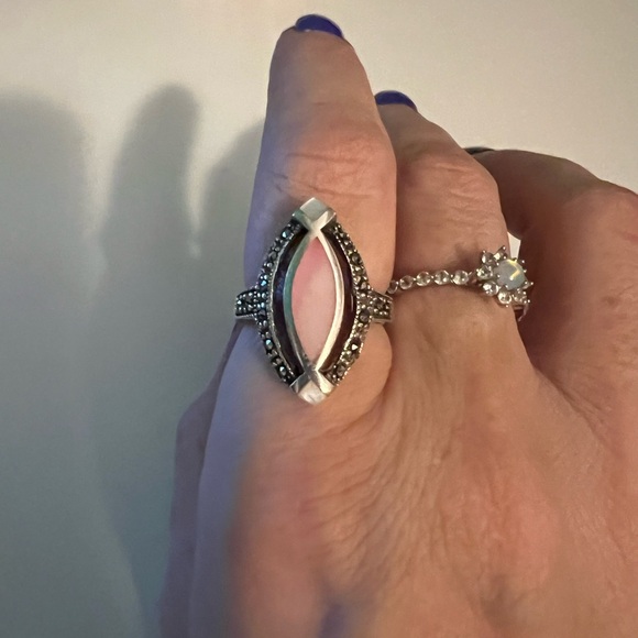 Sterling Pink and White Mother of Pearl Marcasite Size 7.5 Large Ring